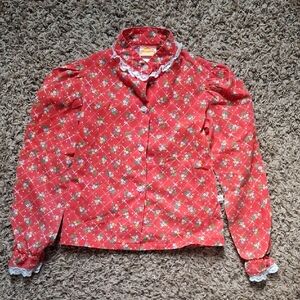 Red Floral Button-Up Blouse with Lace Trim